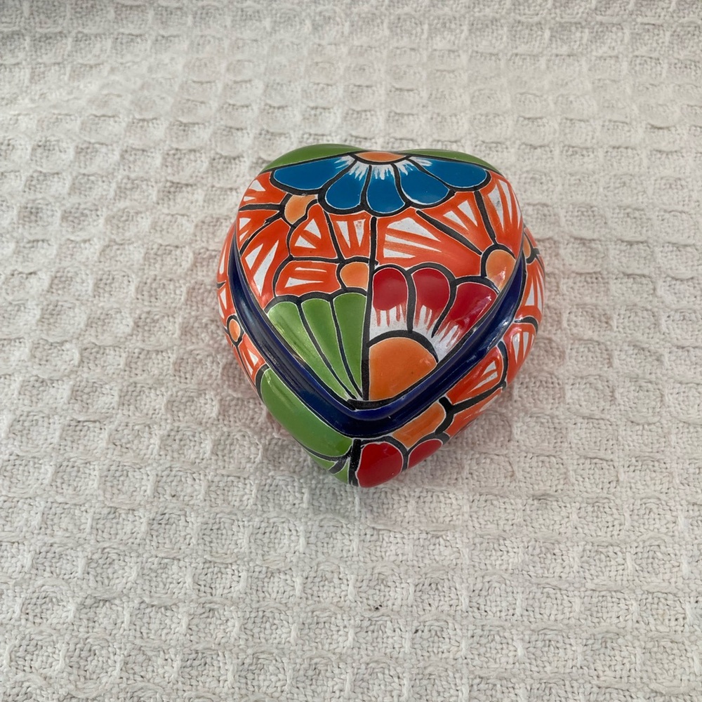 Signed Juana Ponce Orange & Blue Ceramic Heart Shape Art Trinket Box Mexico